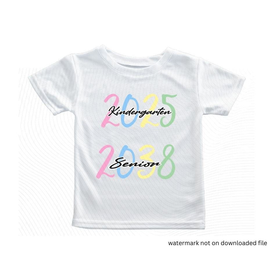 white tshirt with 2025 2038 pastel numbers and black text Kindergarten Senior on front on white background.