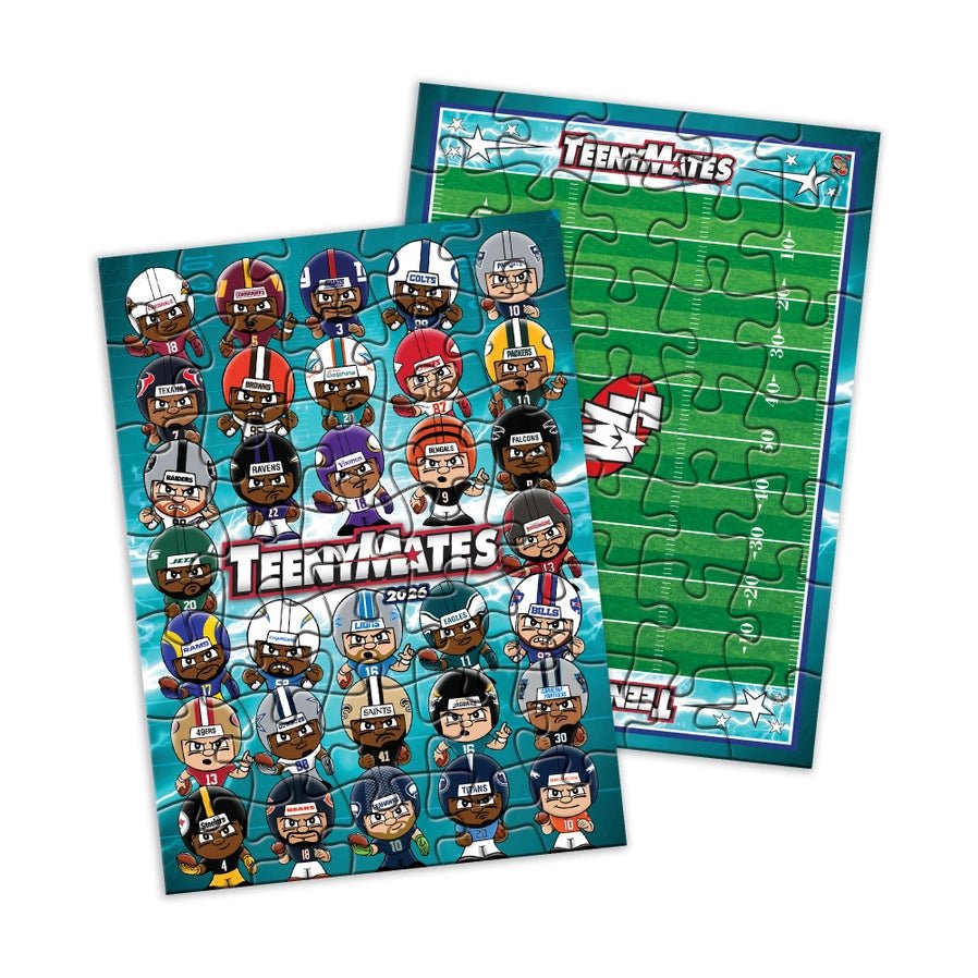 2026 NFL TeenyMates collectible football bags puzzle pieces completed on a white background.