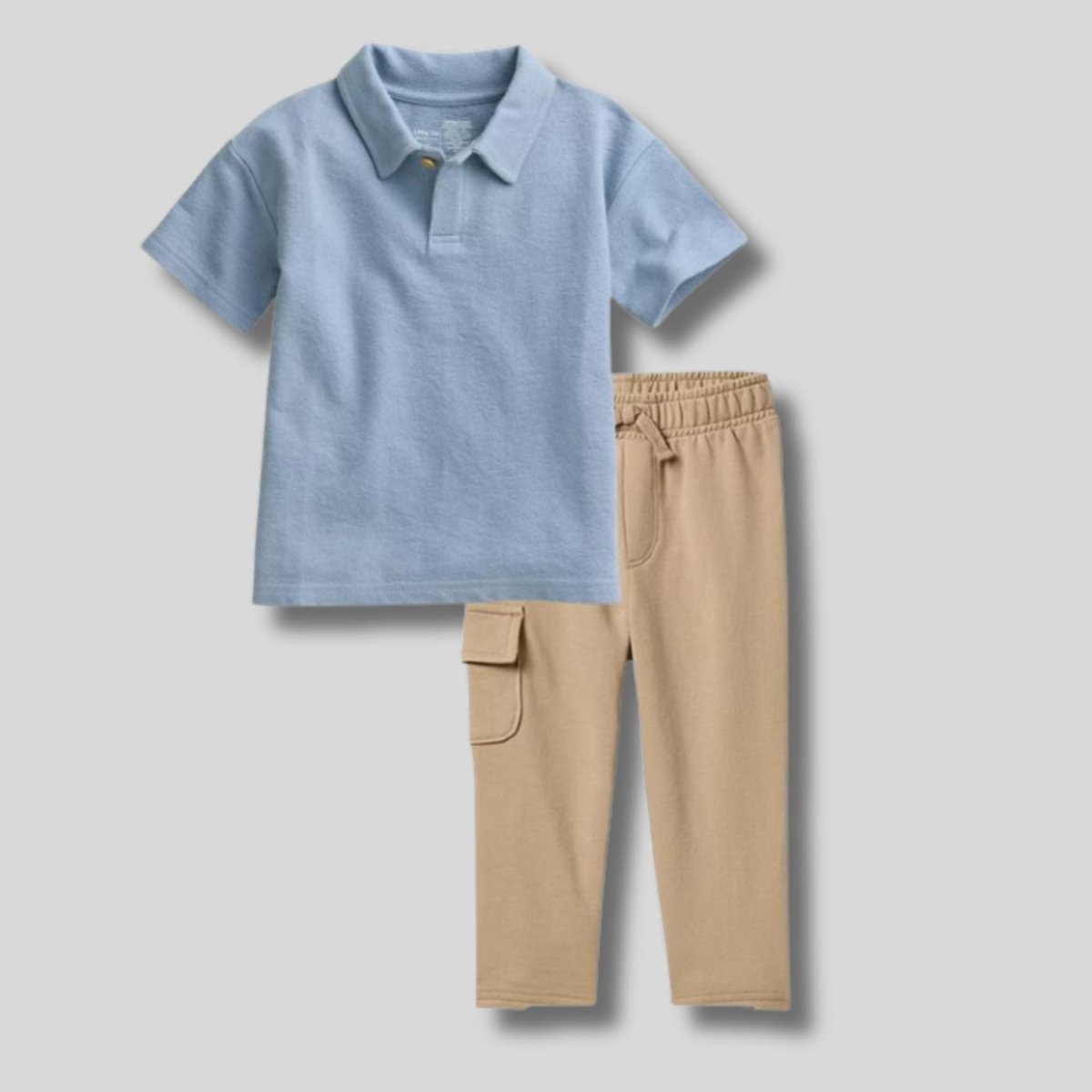 Baby boy blue polo shirt and khaki pocket pants outfit on gray background  - Little Gift Nook