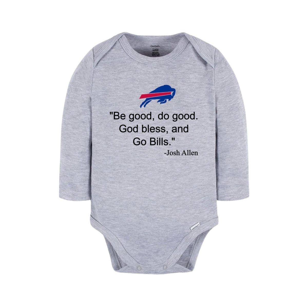 "Be Good, Do Good" Buffalo Baby Onesie or Kids Shirt – Josh Allen Quote - heather gray long sleeve baby onesie with MVP quote on front - Little Gift Nook