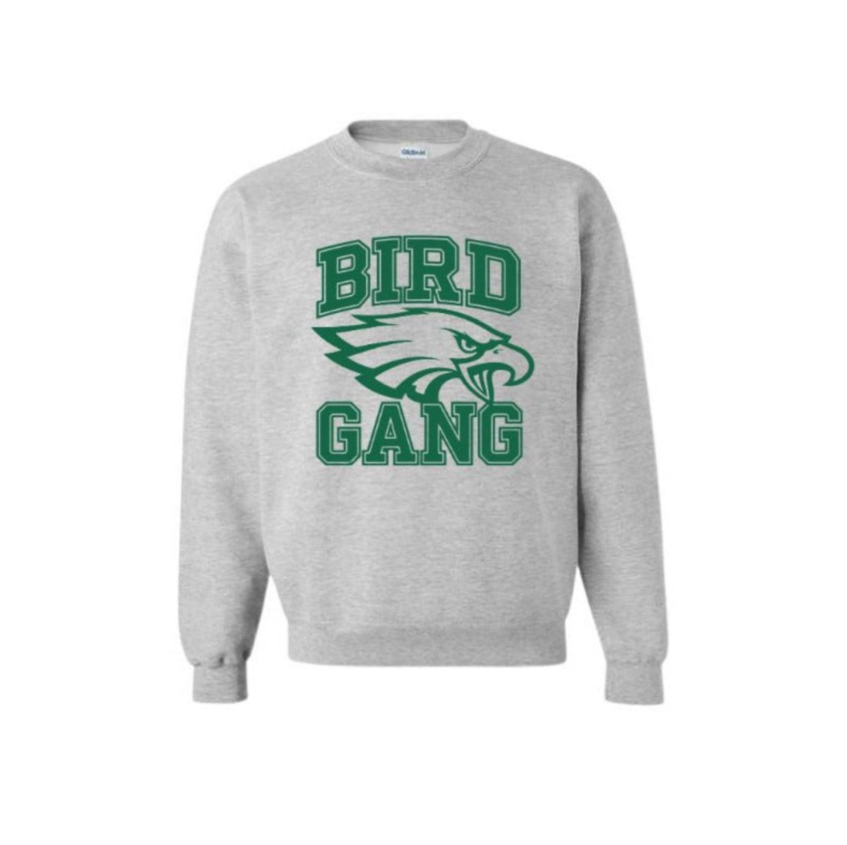 Bird Gang Eagles Crewneck Sweatshirt, fleece lined, with green lettering on front. Little Gift Nook