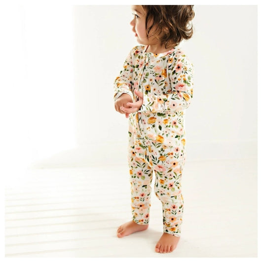 Boho Floral Bamboo Sleeper on baby girl. Fold over hands and feet to have feet or open. - Little Gift Nook