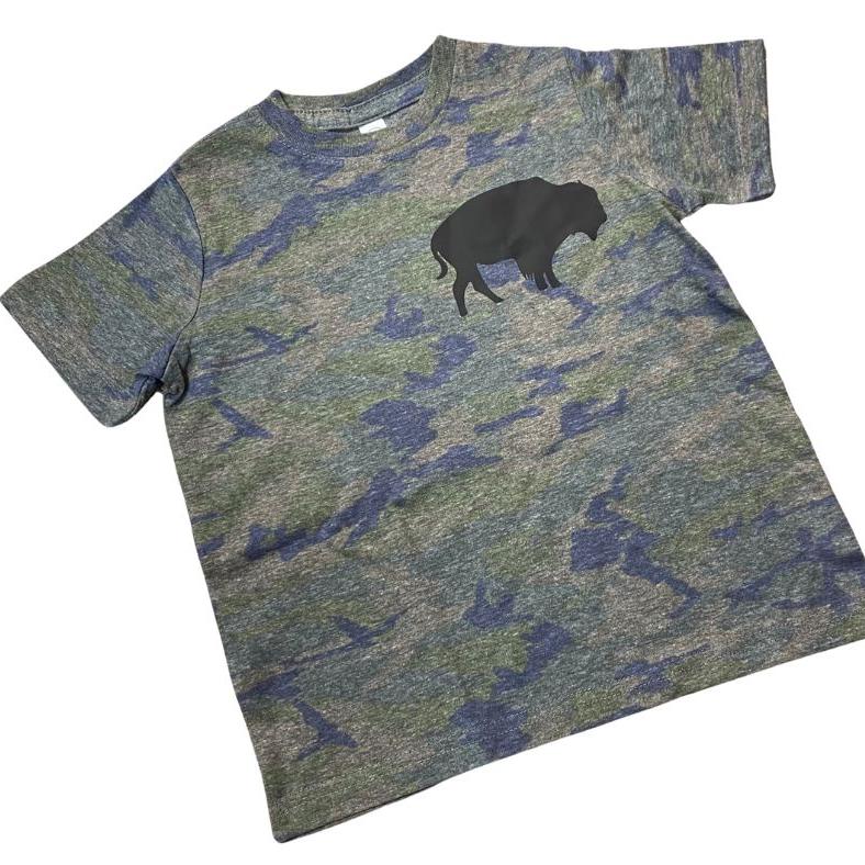 Boys Distressed Camo Buffalo Tshirt. Green navy camo tshirt with black buffalo at top left chest. - Little Gift Nook