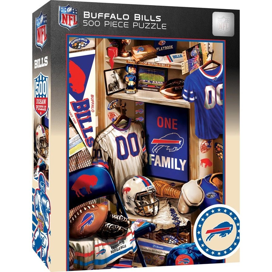 Buffalo Bills Locker Room 500 Piece Puzzle. Puzzle is image of locker room with shirts, jerseys, helmets, etc.- Little Gift Nook