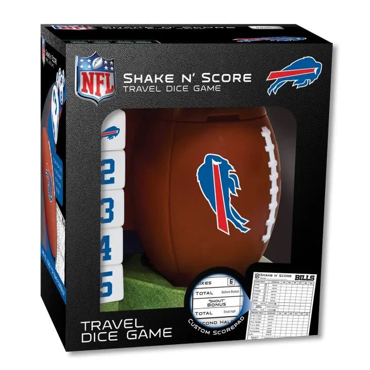Buffalo Bills Shake N' Score. Yahtzee style game with football dice shaker. Football and dice have Bills logo. - Little Gift Nook
