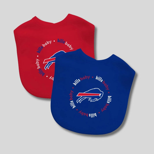 Buffalo Bills - Baby Bibs 2-Pack one red one blue with Bills logo and bills baby written on front velcro closure at back on gray background - Little Gift Nook