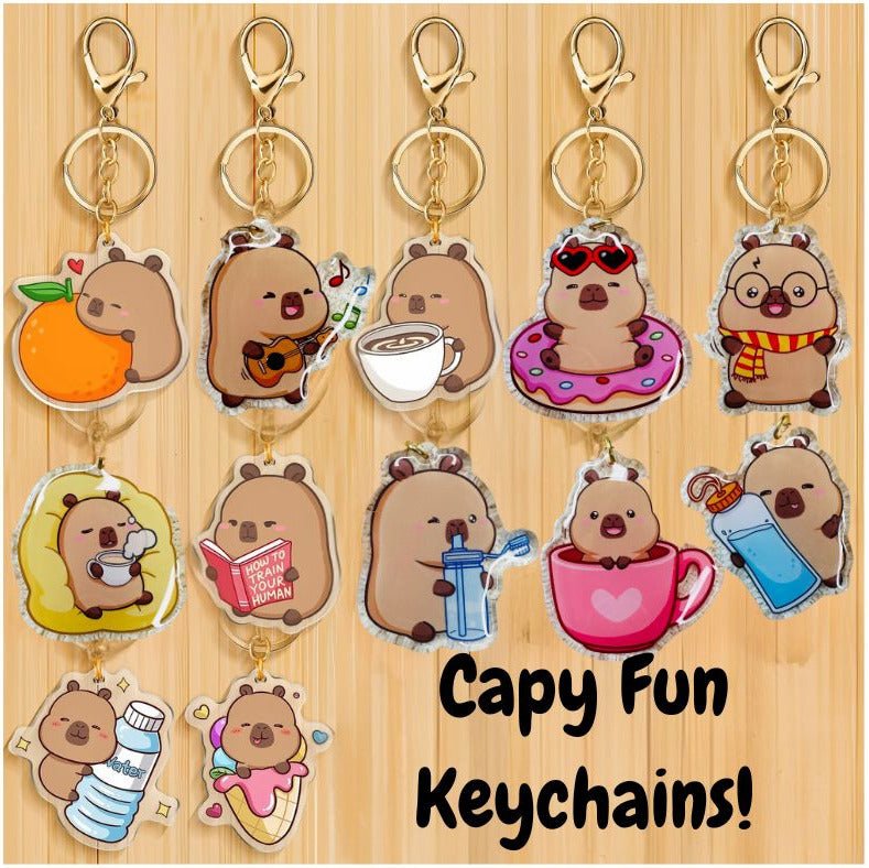 Capybara Acrylic Keychains. 12 different capybara theme keychains. Metal keyring and clip. Little Gift Nook.