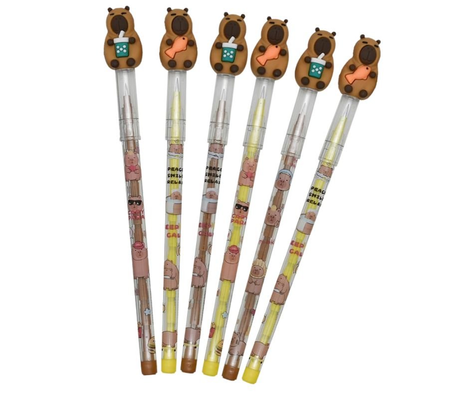 Capybara Non Sharpen Pencil. Stackable led tips inside. Capybara silicone topper. Choose from Capybara holding boba tea or little fish. Little Gift Nook.