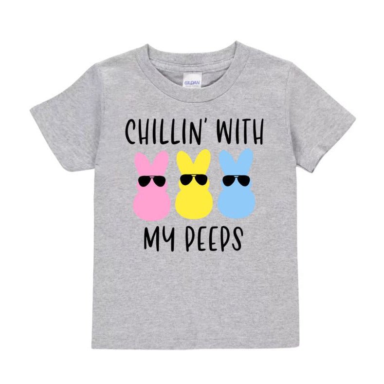 Chillin' With My Peeps Kids Easter Tshirt in heather gray with black lettering and 3 colored bunny peeps in sunglasses on front. Little Gift Nook.