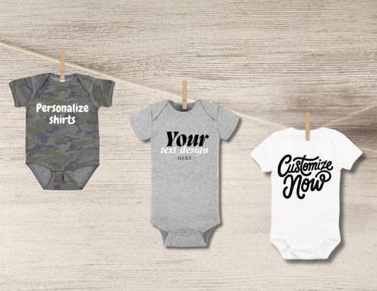 Custom Baby Onesie – Personalized In-Store - camo , heather gray, or white short sleeved baby onesies - custom text or design - Little Gift Nook