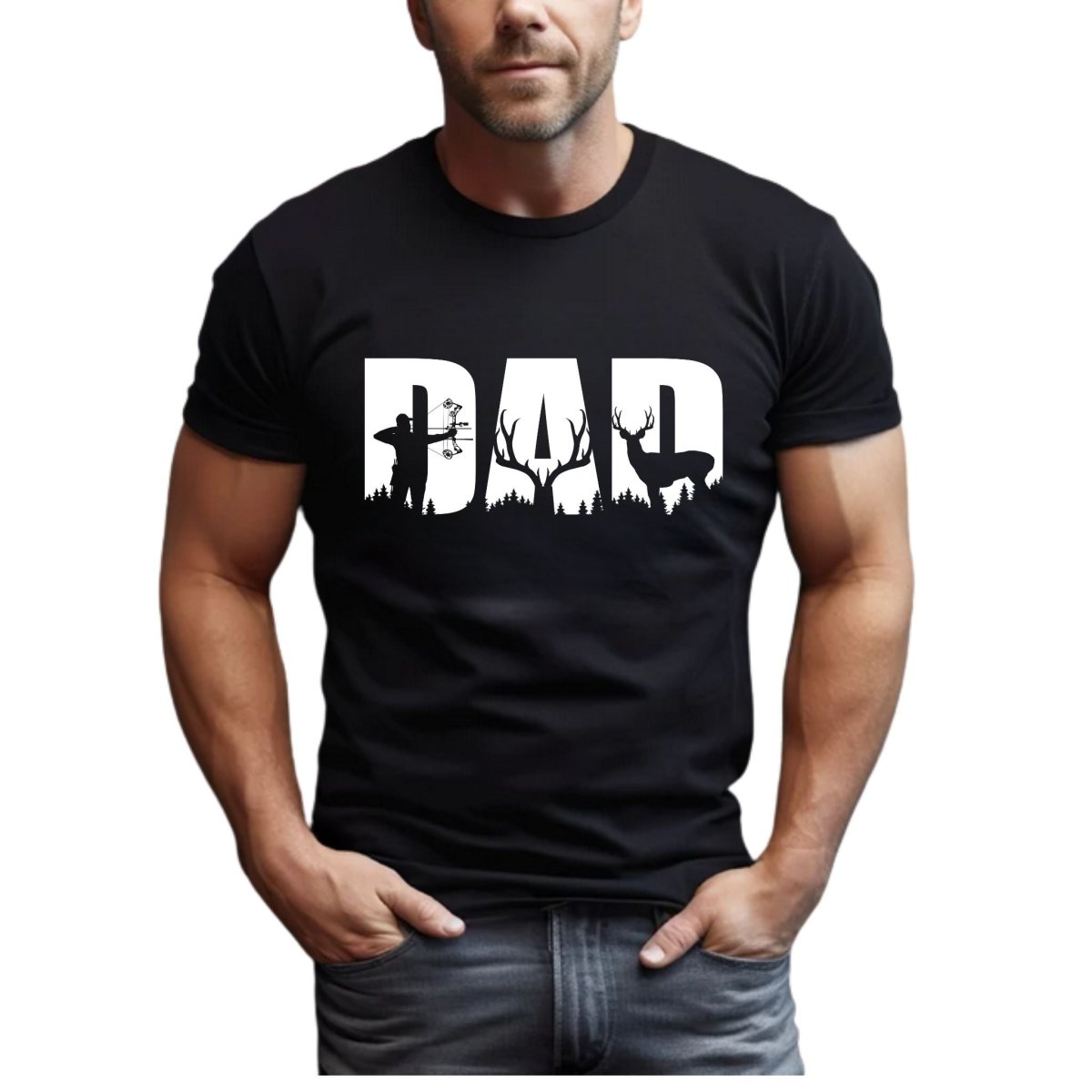 Dad Hunter Graphic Tee - man wearing black short sleeve cotton tshirt with white DAD on front and hunting silhouettes in letters - Little Gift Nook