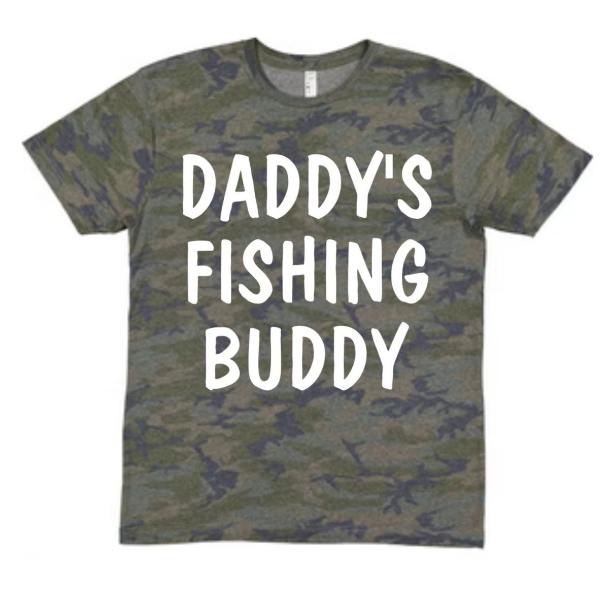 Daddy's Camo Fishing Buddy Tshirt. Green and navy camo pattern tshirt with white lettering on front. - Little Gift Nook