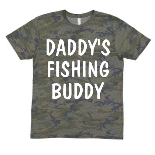 Daddy's Camo Fishing Buddy Tshirt. Green and navy camo pattern tshirt with white lettering on front. - Little Gift Nook