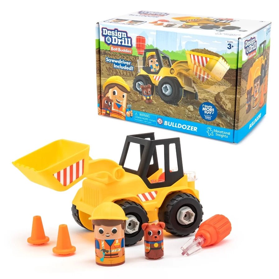 Design & Drill Bolt Buddies Bulldozer - Build your own bulldozer toy. Comes with screwdriver tool, pieces, and pretend play character & dog. Little Gift Nook