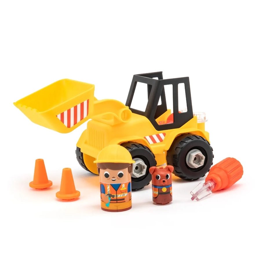Design & Drill Bolt Buddies Bulldozer. Bulldozer toy with tool, traffic cones, and little pretend play people. - Little Gift Nook