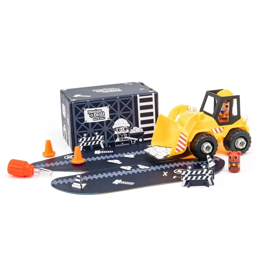 Design & Drill Bolt Buddies Bulldozer. Cardboard rocks come with toy to use front loader after toy is built. - Little Gift Nook