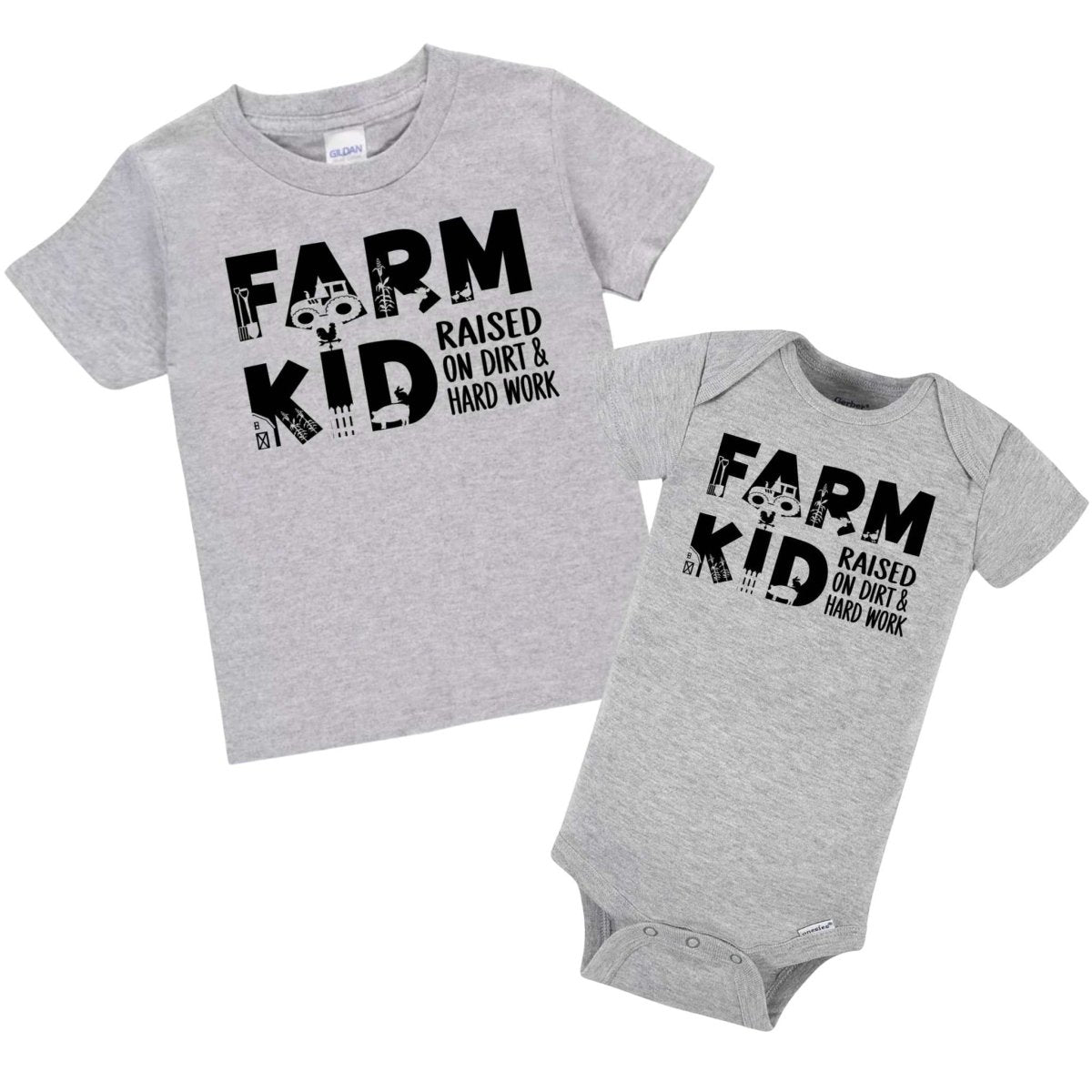 Farm Kid Baby & Toddler T-Shirt - Raised on Dirt and Hard Work - heather gray short sleeve onesies or tshirt with black lettering Farm Kid on front with farm theme images inside each letter. - Little Gift Nook