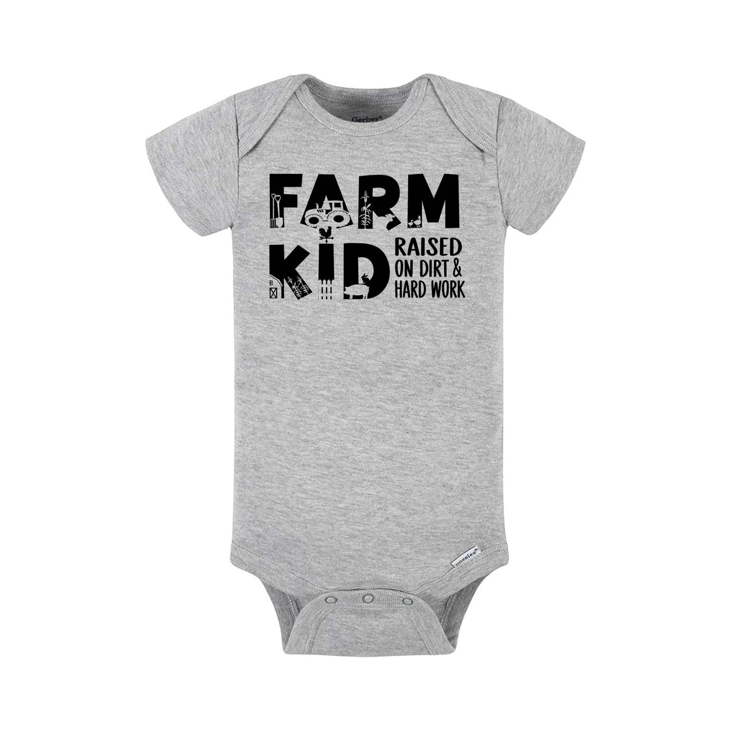 Farm Kid Baby onesie - Raised on Dirt and Hard Work - heather gray short sleeve onesies with black lettering Farm Kid on front with farm theme images inside each letter. - Little Gift Nook