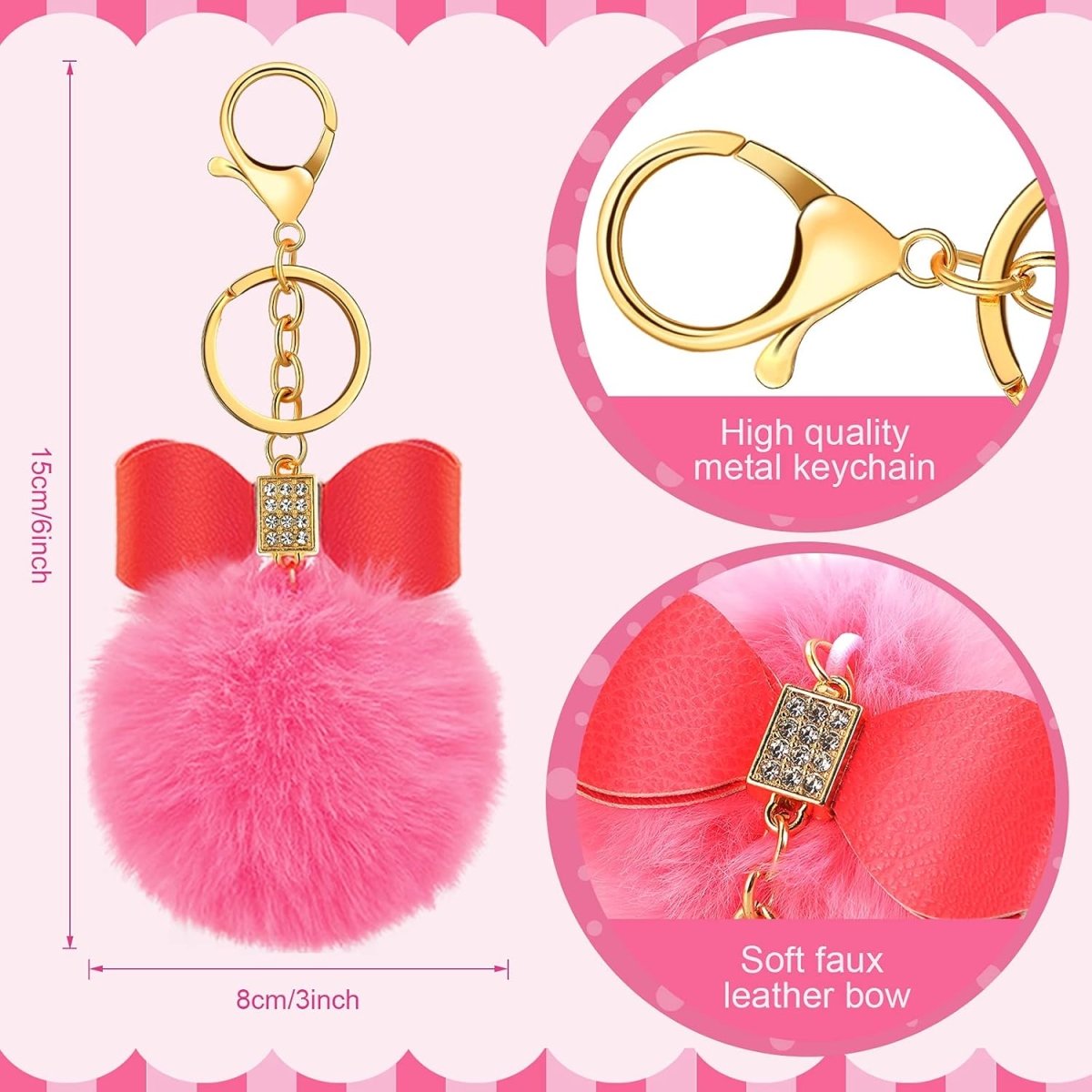 Fluffy soft pom pom keychain with faux leather bow at top and gems. Metal gold color keyring and lobster clip. Measures 6 inches tall. Features of keychains. Little Gift Nook.