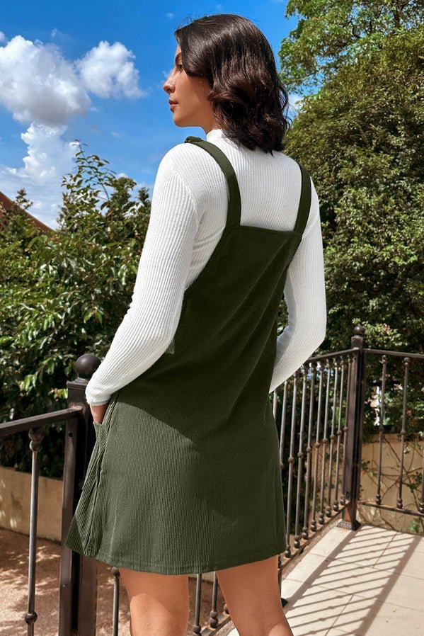 Women's Green Corduroy Jumper Dress back view. Has adjustable straps. - Little Gift Nook