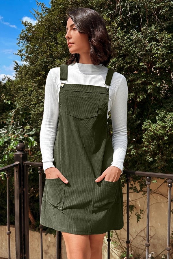 Women's Green Corduroy Jumper Dress. Two front pockets and one bib pocket at chest.- Little Gift Nook