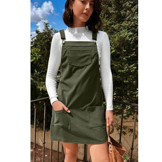 Women's Green Corduroy Jumper Dress. Front pockets and adjustable straps. Forest Green. - Little Gift Nook