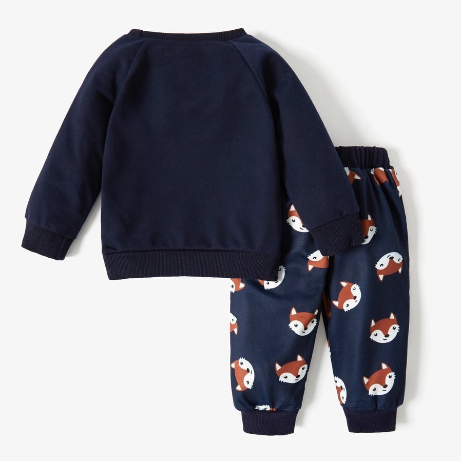 Fox Navy Baby Cotton Pullover and Pants Set. Back view of navy and brown fox print joggers and sweatshirt top. - Little Gift Nook