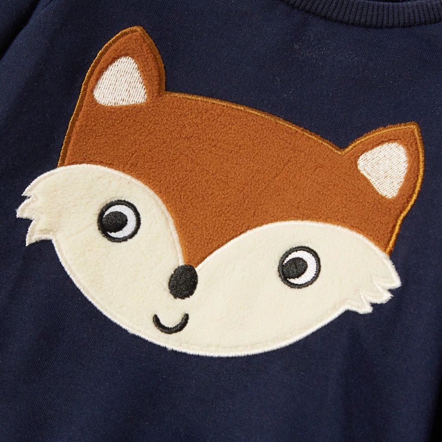 Fox Navy Baby Cotton Pullover and Pants Set. close up of soft brown fox face on sweatshirt top - Little Gift Nook