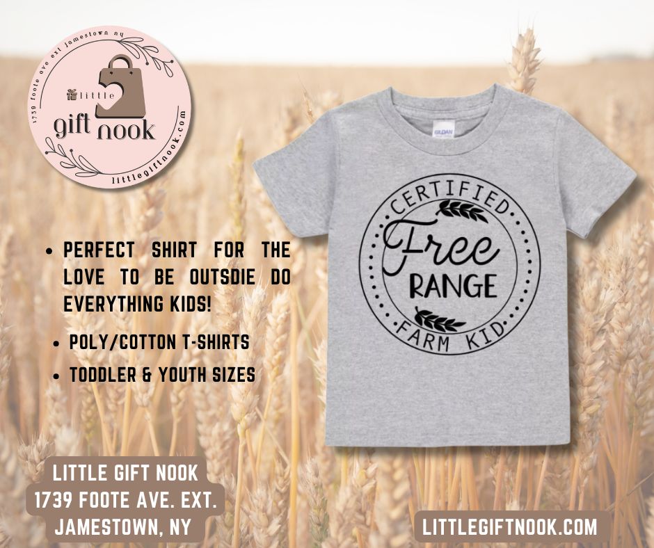 Free Range Farm Kid Tshirt. Gray Toddler Free Range Farm Kid tshirts. Little Gift Nook.