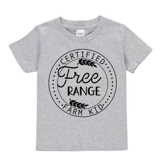 Free Range Farm Kid Tshirt.  Heather gray toddler certified free range farm kid tshirts. Little Gift Nook.
