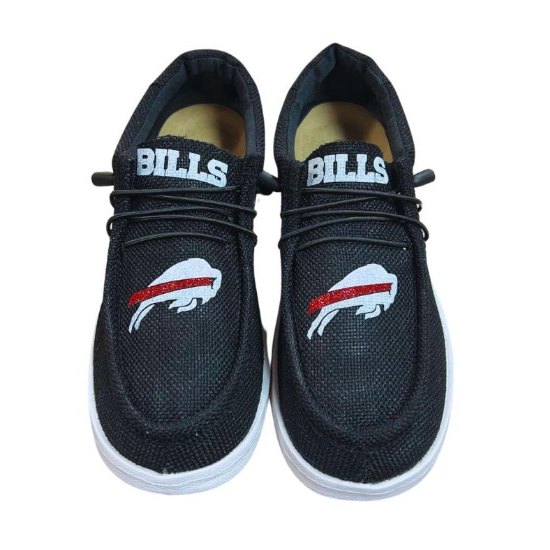 Game Day Glitter Black White Slip on Hey Bills Shoes front view. Little Gift Nook.