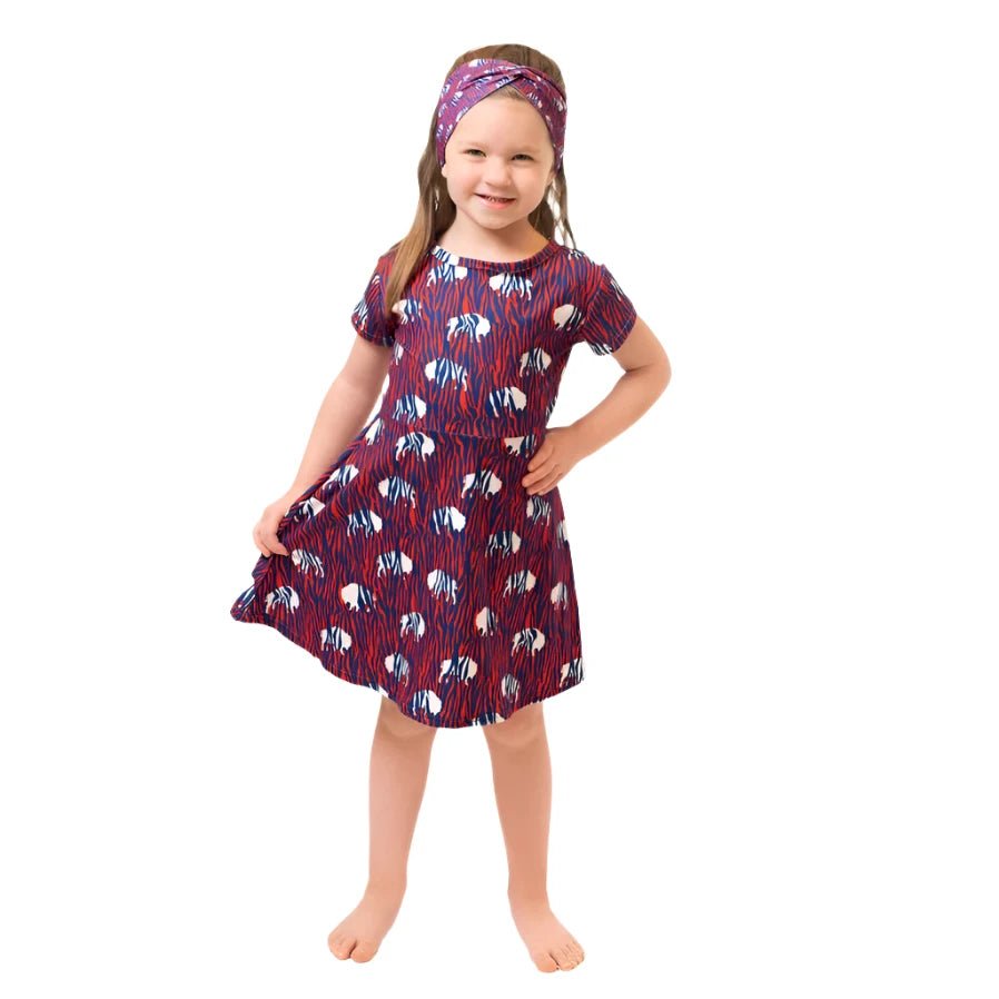 Girls Red Blue Zubaz Buffalo Print Dress. Red soft pull on dress with white buffalo's and navy zebra zubaz pattern. - Little Gift Nook