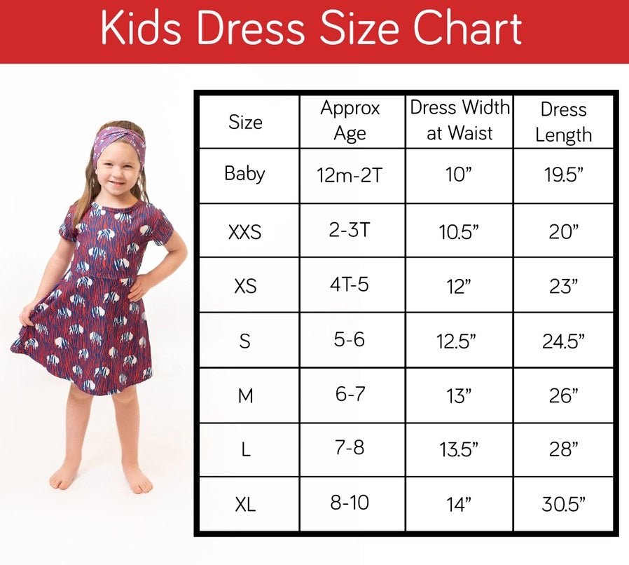 Size chart for Girls Red Blue Zubaz Buffalo Dress - Little Gift Nook