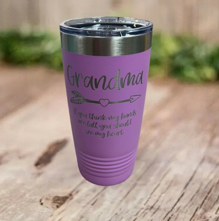 Grandma 20oz Stainless Steel Tumbler in lavender. Engraved on front: Grandma with arrow, If you think my hands are full you should see my heart. - Little Gift Nook - Little Gift Nook