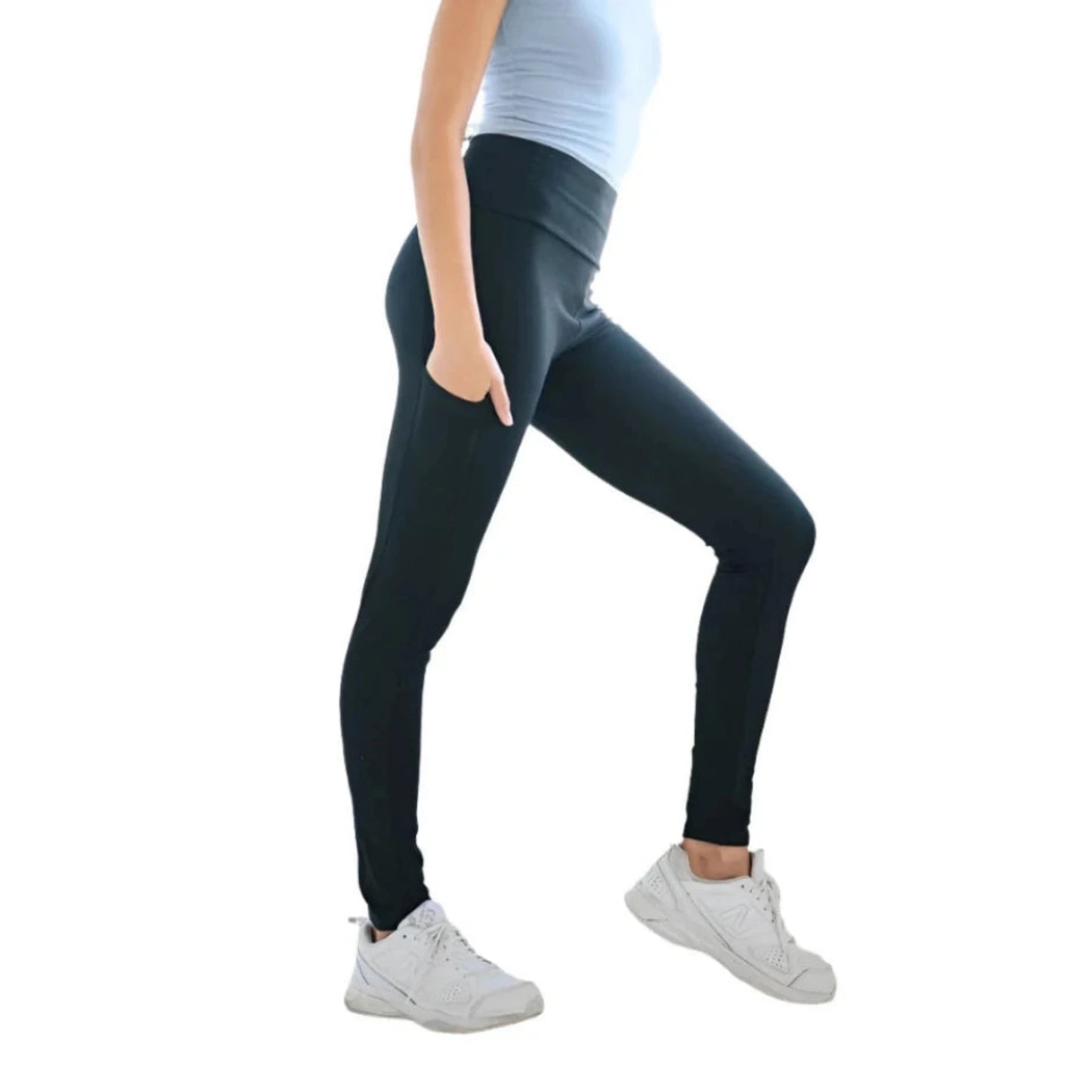 Women's High Waist Black Leggings with Pockets. Side View. - Little Gift Nook
