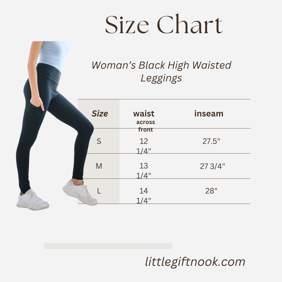 Women's High Waist Maroon Leggings with Pockets size chart. Little Gift Nook.