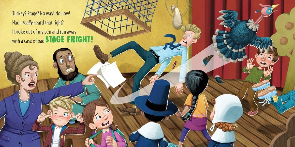 How to Catch a Turkey Hard Cover Book. Inside book showing when the turkey runs off on stage.- Little Gift Nook