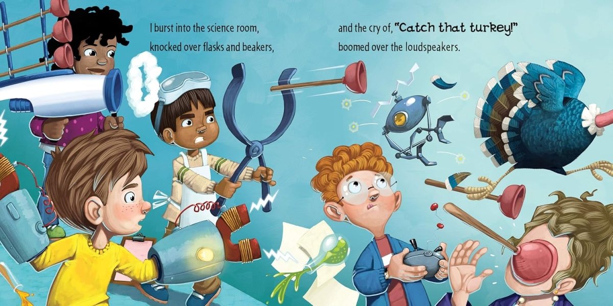 How to Catch a Turkey Hard Cover Book. Inside book showing all the ways students tried to catch the turkey. - Little Gift Nook