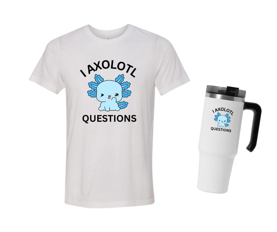 white tshirt and tumbler water bottle with blue axolotl questions image on fronts.