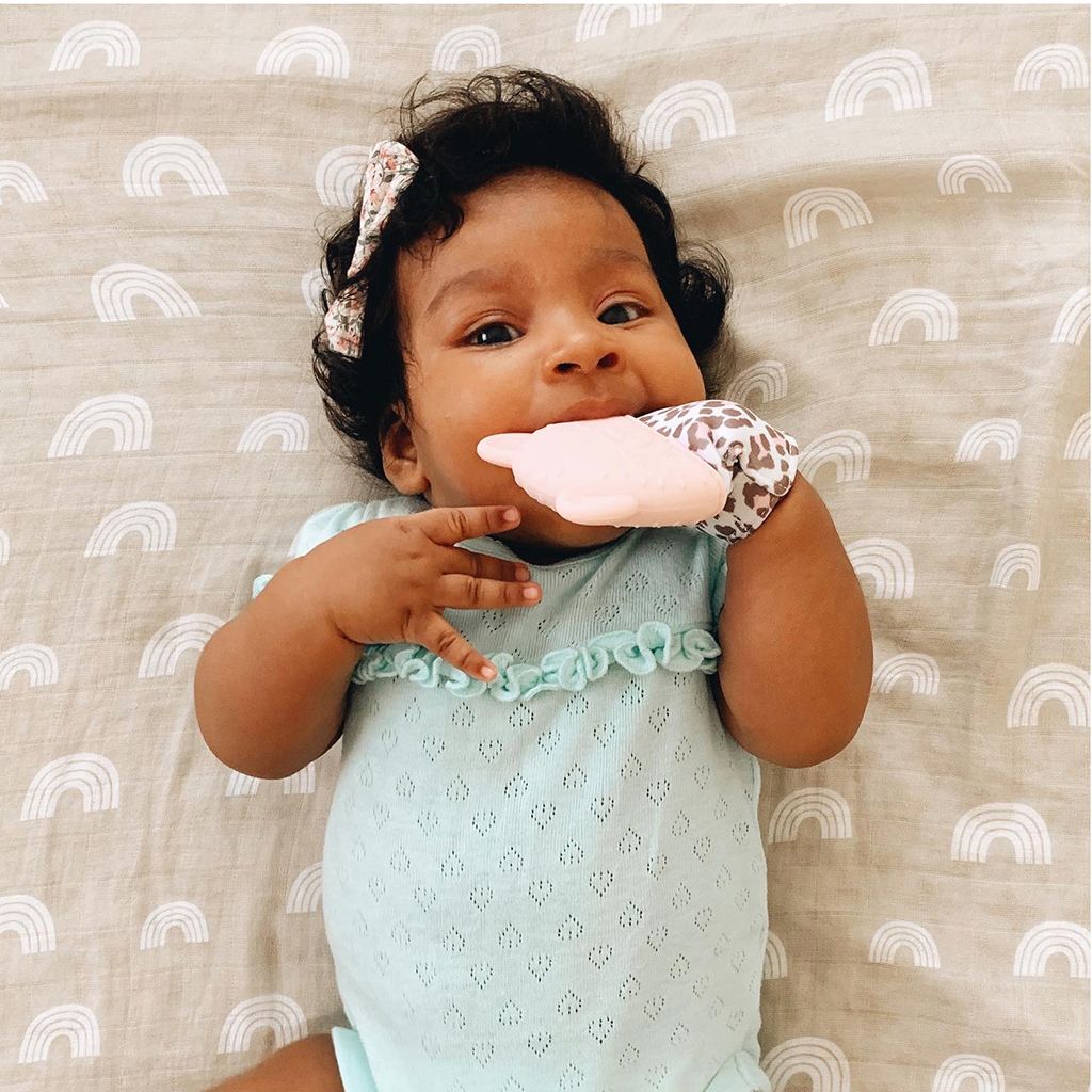 Itzy Ritzy Itzy Ritzy Pink Leopard Silicone Teething Mitt with textured hand that velcros on. - Little Gift Nook