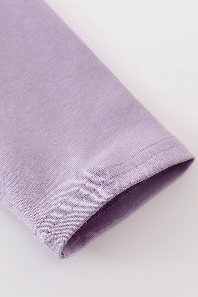 Girl's Lavender Floral Eyelet Ruffle Dress. Eyelet accents & trim. Close up of sleeve. Little Gift Nook.
