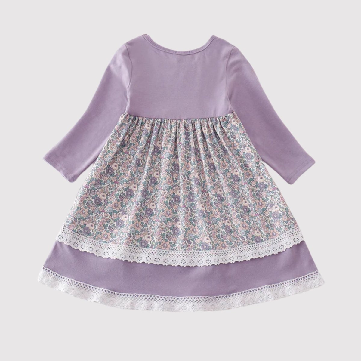 Girl's Lavender Floral Eyelet Ruffle Dress. Eyelet accents & trim. Back of dress. Little Gift Nook.