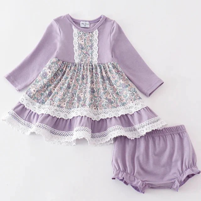 Baby Girl's Lavender Floral Eyelet Ruffle Dress Set. Long sleeve cotton spandex blend dress with floral print and diaper cover bloomers. - Little Gift Nook.