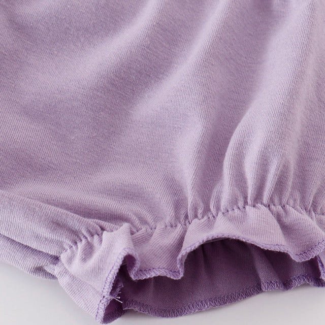 Baby Girl's Lavender Floral Eyelet Ruffle Dress Set. Bloomer shorts diaper cover with elastic cuffs.