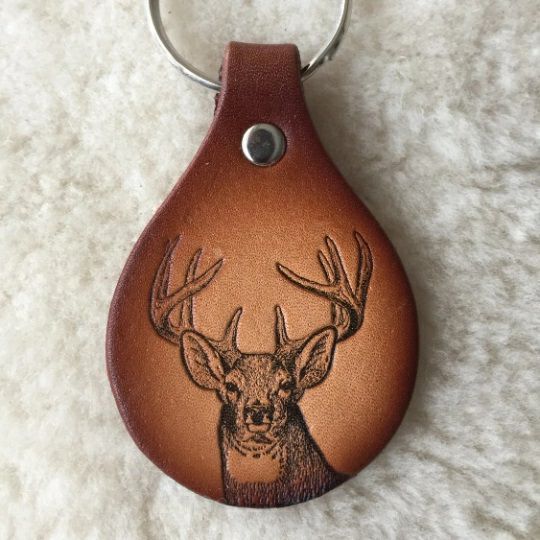 Handcrafted Leather Wildlife Buck Keychain. Brown leather with buck image on front. Blank on back. On metal keyring. - Little Gift Nook