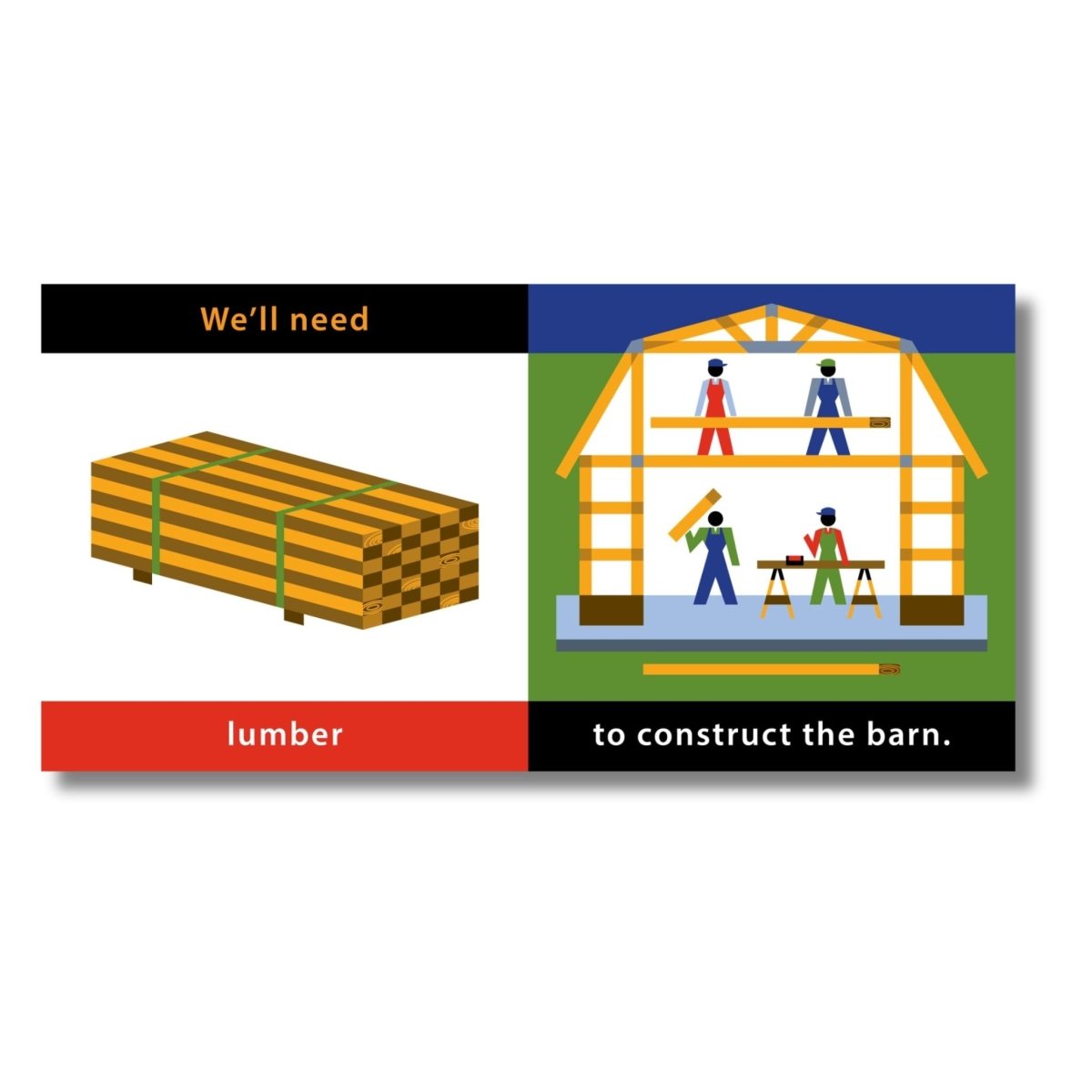 Let's Build A Farm Board Book. We'll need lumber to construct a barn. 12 pages of what is needed and steps. - Little Gift Nook.