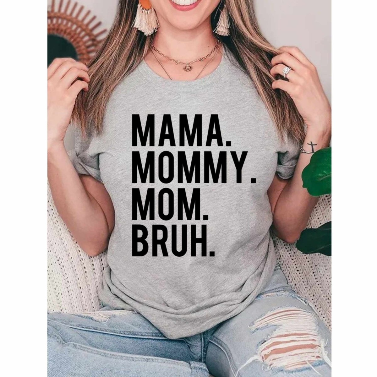 woman wearing heather gray chunky bold letters "MAMA MOMMY MOM BRUH" tshirt - Little Gift Nook.