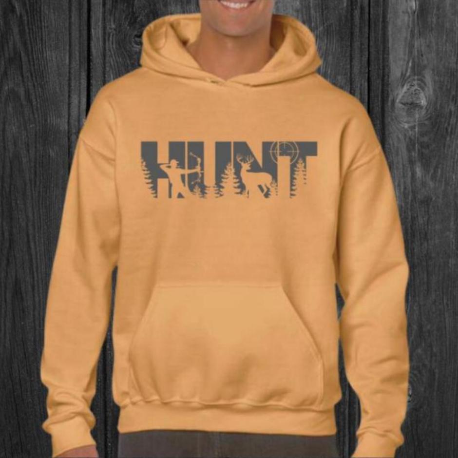 Men's Old Gold Gray HUNT Hoodie. Tan hoodie with gray HUNT on front. Perfect Father's Day Gift or Dad Birthday Gift. - Little Gift Nook