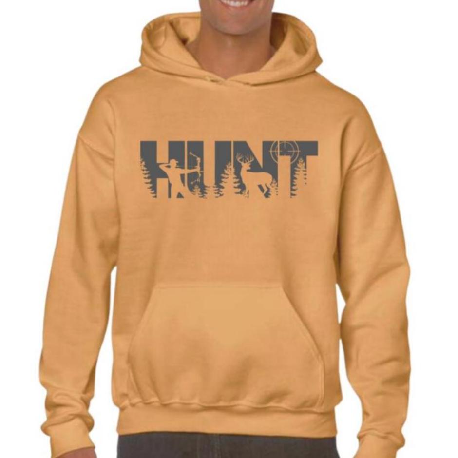 Men's Old Gold Gray HUNT Hoodie - Mens fit. Golden Tan hoodie with gray lettering image on front. Perfect Father's Day and gift for Dad. Little Gift Nook