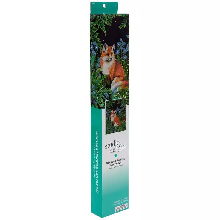 Midnight Fox Diamond Art Canvas Kit. Design Size: 15.5" x 19.5"
Canvas Size: 16.5" x 20.5"
Has fox in night life with greenery around him. Little Gift Nook.
